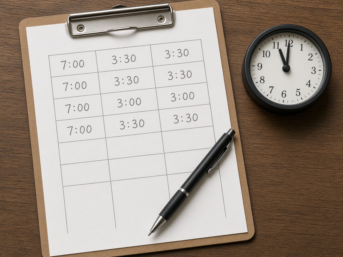Timesheet on a clipboard next to a clock
